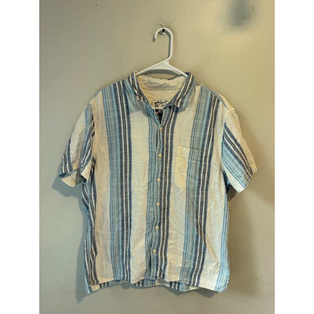 American Eagle Mens Large Blue White Striped Short Sleeve Cotton Button Shirt